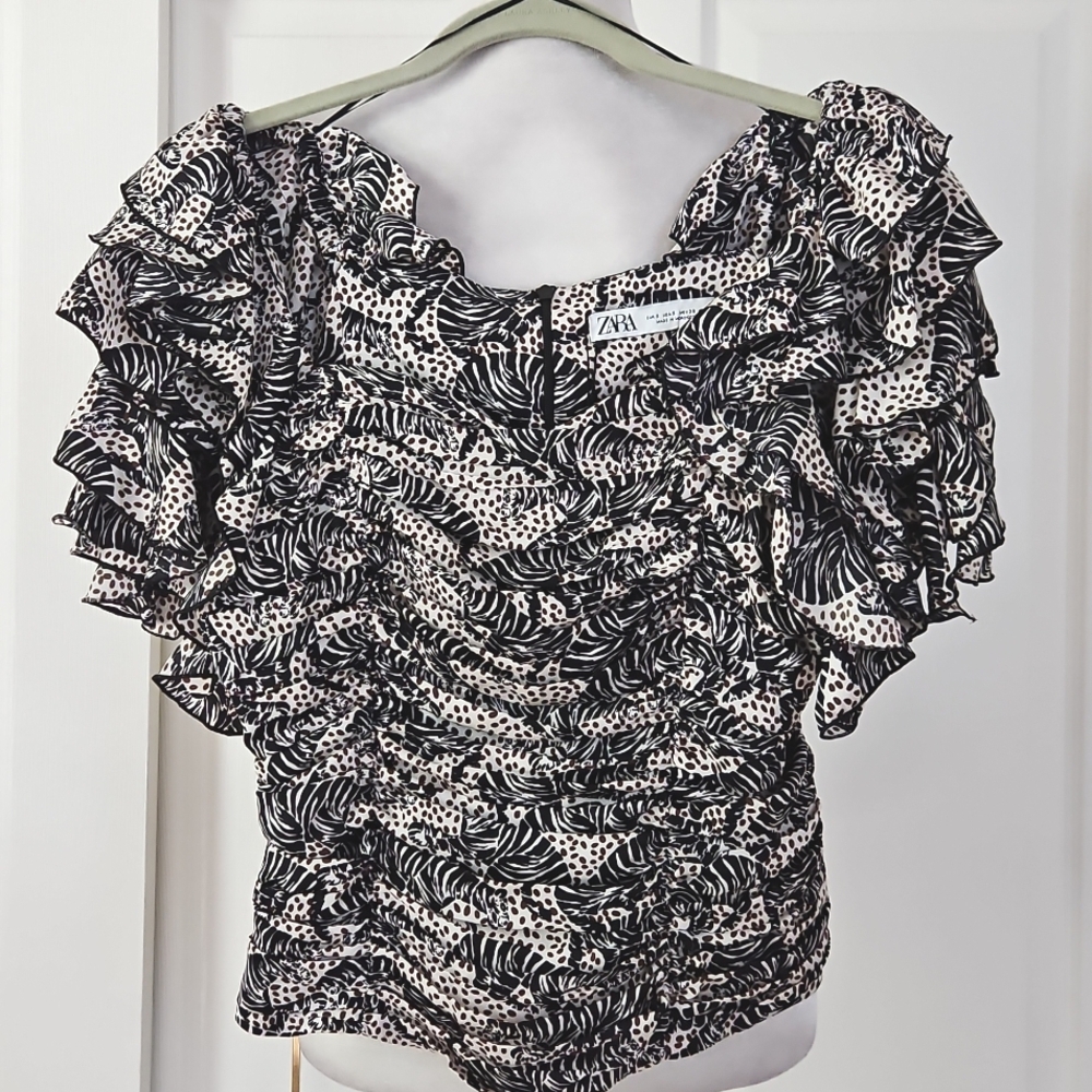 NWTs Zara Black Tiger Monochrome Ruffle Blouse  Size Smsll